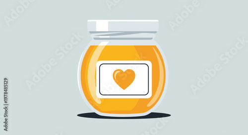 Simple clean illustration of a glass jar filled with golden honey featuring a white label with a yellow heart icon in the center.