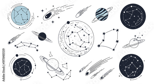 Detailed collection of space-themed graphic elements including planets with rings, constellations, shooting comets, and starry motifs.