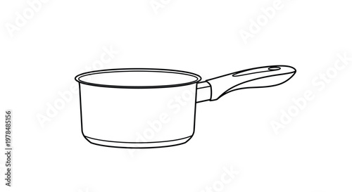 Minimalist black and white line art illustration of a simple kitchen saucepan with a long handle on a clean white background.