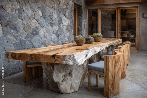 A rustic wooden table and unique log chairs create a natural dining space.