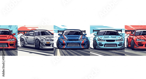 Five Tuned Sports Cars Lined Up On A Road.