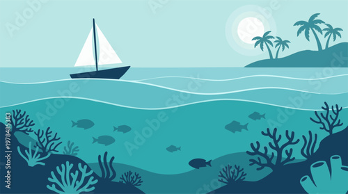 Vector illustration of a serene tropical ocean with sailboat and coral reef