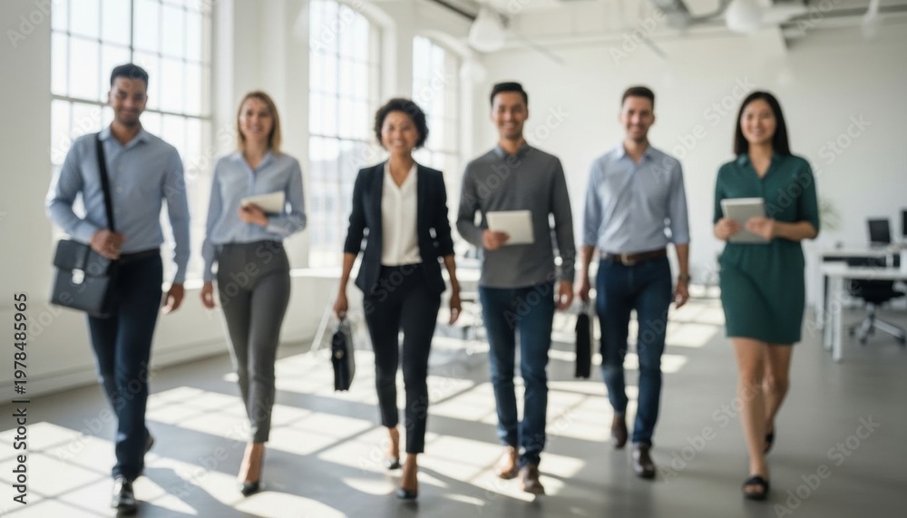 Fototapeta premium Group of business people in modern office. Professional team moving towards goal. Diverse colleague walking together during work day. Corporate culture and collaboration concept.