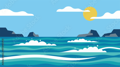 Flat design ocean landscape with abstract waves, sun, and rocky shore