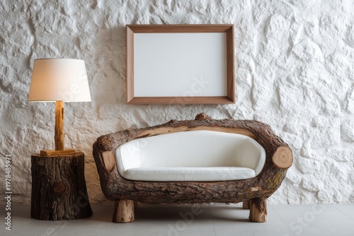 Rustic living room furniture with a framed picture and lamp.