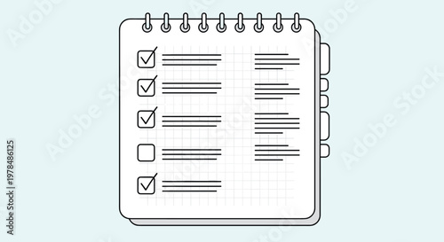 Top down view of a spiral bound notebook with a checklist containing several completed tasks marked with ticks on a light blue background.
