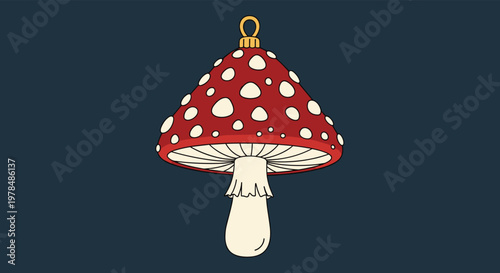 Decorative Christmas ornament in the shape of a red spotted mushroom with a gold hanging loop against a dark slate blue background.