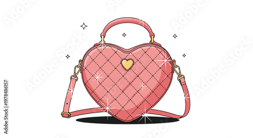 Elegant heart shaped pink handbag with a quilted pattern, gold hardware, and a shoulder strap shown with sparkling light effects around it.