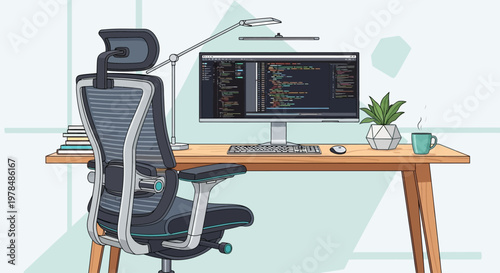 Modern workspace with computer programming code on screen and ergonomic office chair.