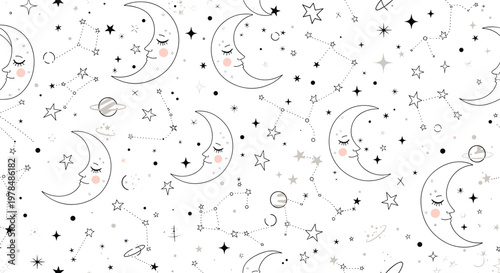 Repeating pattern of sleeping crescent moons with peaceful faces stars and constellations across a starry white night sky backdrop.