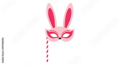 Elegant pink bunny masquerade mask on a striped stick perfect for festive parties celebrations and whimsical costume events.