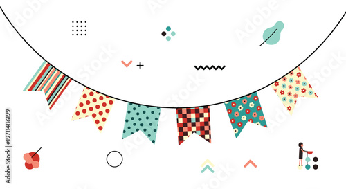 Festive celebration bunting banner with colorful patterned flags and geometric design elements for party and event decoration.