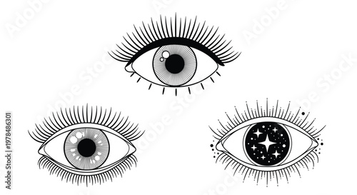 Collection of three unique mystical eye designs in black and white line art including long eyelashes and starry pupil motifs.
