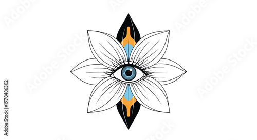 Mystical eye centered in a geometric flower like shape with blue and orange accents for spiritual and symbolic themes.