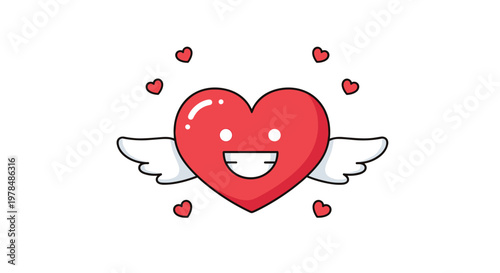 Cute red heart character with angel wings and a happy smiling face surrounded by smaller heart icons on a white background.
