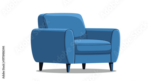 Modern blue upholstered armchair with a comfortable backrest and dark wooden legs isolated on a plain white background.
