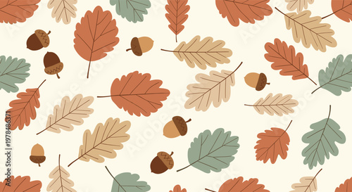 Seasonal autumn pattern showcasing various oak leaves in earthy tones and small brown acorns scattered on a cream base.