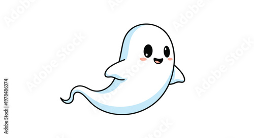 Friendly white ghost character with large black eyes and pink cheeks floating in mid air against a white background.