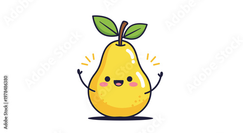 Happy yellow pear character with a cute smiling face and rosy cheeks waving its small arms in a joyful gesture.