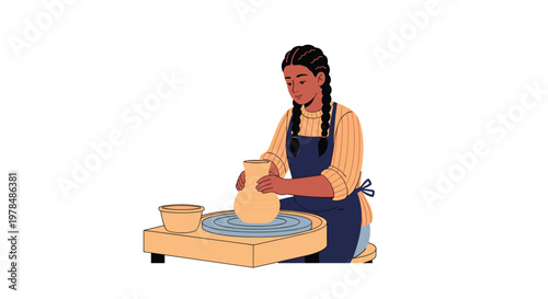 Creative woman with long dark braids sitting at a potter wheel carefully shaping a ceramic clay vase in her studio.
