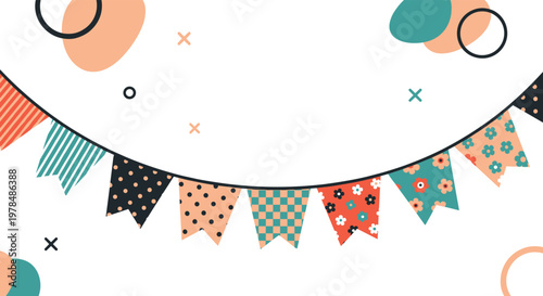 Celebration background featuring colorful bunting flags with various patterns hanging on a string with abstract shapes.