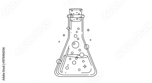 Laboratory flask filled with a bubbling liquid and surrounded by sparkling stars is shown in a clean line art style.