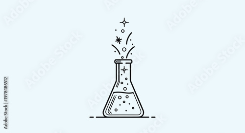 Laboratory conical flask on a table shows an active chemical reaction with rising bubbles and sparkling stars.