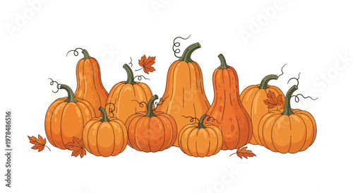 Festive arrangement of various orange pumpkins and elongated gourds accented with many dry autumn maple leaves.