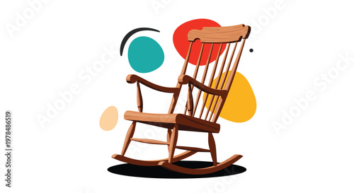 Traditional wooden rocking chair is centered against a modern background of abstract colorful geometric shapes.