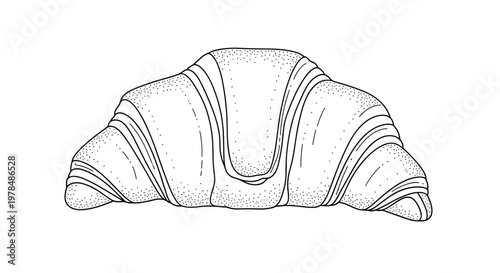 Detailed black and white line drawing of a flaky French croissant pastry presented against a plain white background.