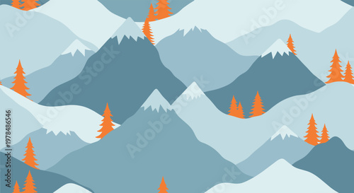 Serene mountain landscape featuring snow-capped peaks and vibrant orange pine trees under a very pale winter sky.