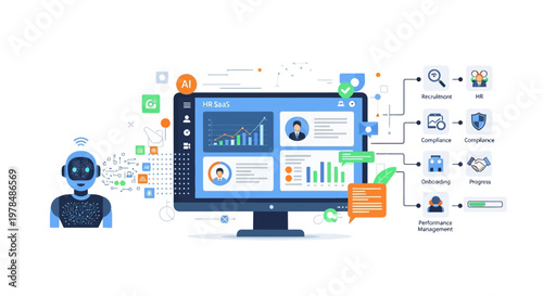 Artificial intelligence and machine learning data analysis with robot and digital interface.