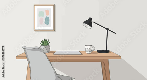 Minimalist home office workspace with desk lamp and laptop.