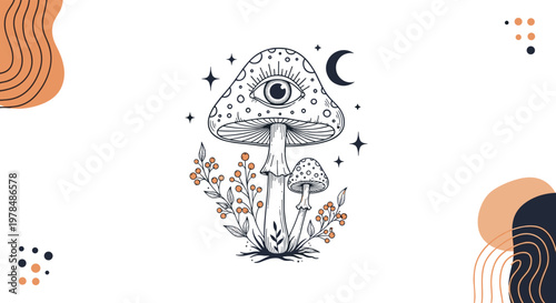 Surreal illustration of a spotted mushroom with a central eye on its cap surrounded by shining stars and a moon.