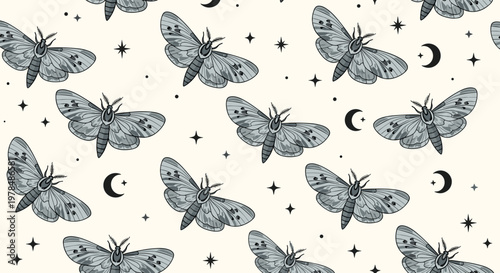 Seamless pattern featuring multiple moths with gray wings interspersed with many black stars and crescent moons.