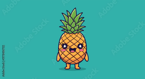 Adorable cartoon pineapple character with big sparkling eyes rosy cheeks and tiny arms and legs against a solid turquoise background.