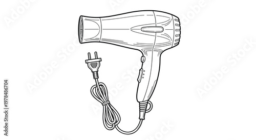 Detailed black and white line art illustration of a handheld electric hair dryer with a coiled power cord and plug for beauty care.
