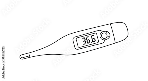 Simple black and white line art of a digital medical thermometer displaying a normal body temperature of thirty-six point six.
