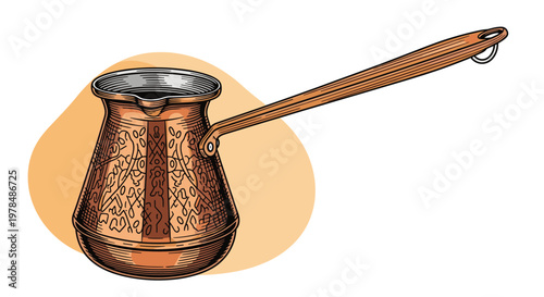 Detailed vintage engraving style illustration of an ornate copper turkish coffee pot with a long handle on an orange background.