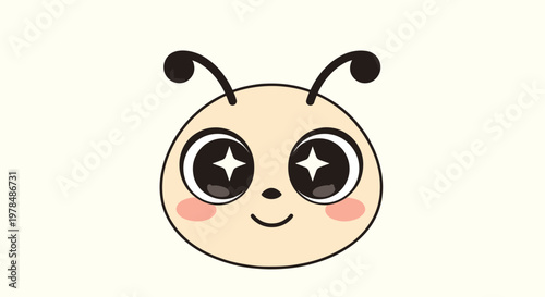 Cute cartoon face of a small insect or bee with large sparkling eyes and a friendly smile on a light cream background.
