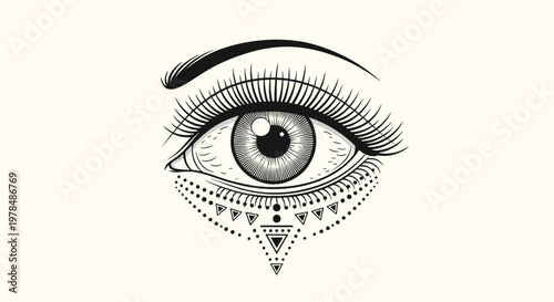 Detailed black and white illustration of a human eye adorned with long lashes and intricate geometric and dot patterns underneath.