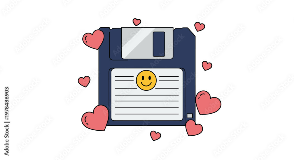 Naklejka premium Retro navy blue floppy disk icon decorated with a central yellow smiley face sticker and surrounded by several floating pink heart shapes.