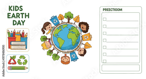 Educational Earth Day classroom poster featuring children surrounding a globe with recycling symbols and a checklist, presented in a colorful vector illustration with a cheerful mood