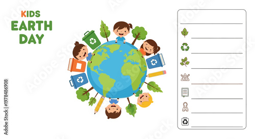 Illustrated classroom earth day poster featuring cheerful children surrounding a globe with recycling symbols and educational icons, presented in a bright, flat vector design