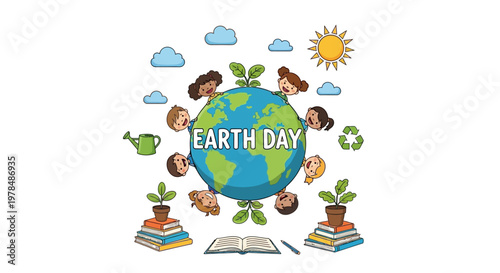 Illustrated vector design of Earth Day featuring children surrounding the globe, presented as a classroom poster, with books, potted plants, and a recycling symbol against a clean white