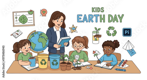 Illustrated vector rendering shows children with their teacher in a classroom setting, participating in an Earth Day education lesson, featuring posters, recycle bins, globe, and plant