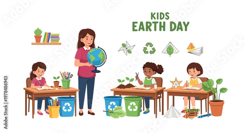 Illustrated vector of children with their teacher doing Earth Day education activities at their desks in a classroom, with a globe, recycling bins, and plants, set against a clean white