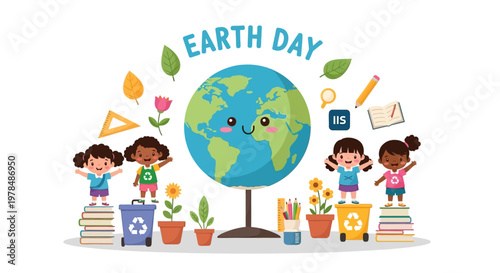 Illustrated Earth Day classroom poster featuring diverse children and a smiling globe, set against a clean white backdrop with educational icons and potted plants, conveying a cheerful