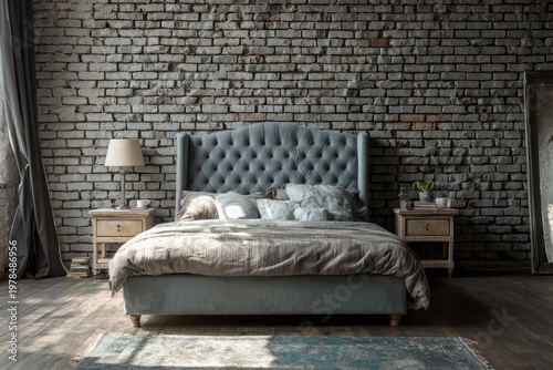 Bedroom interior with a blue tufted bed against a distressed brick wall.