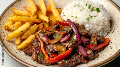 Savory Peruvian Lomo Saltado dish served with crispy golden fries and white rice